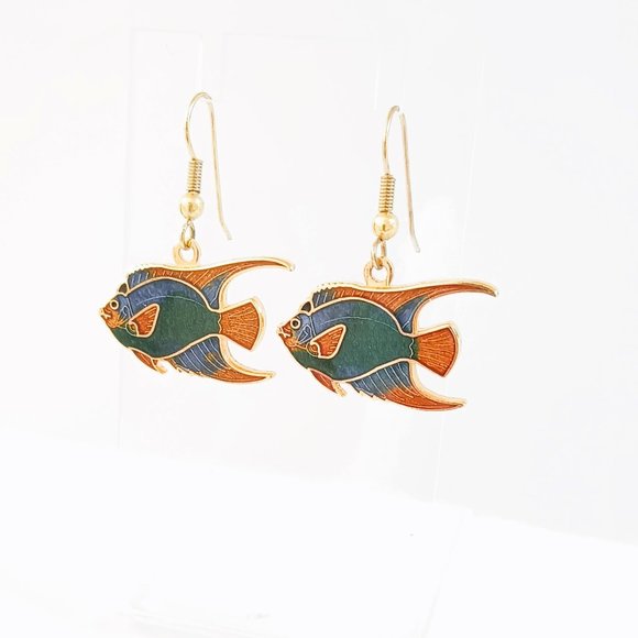 Trident Angelfish Enamel Dangle Earrings Gold Tone Pierced Drop - Picture 1 of 5